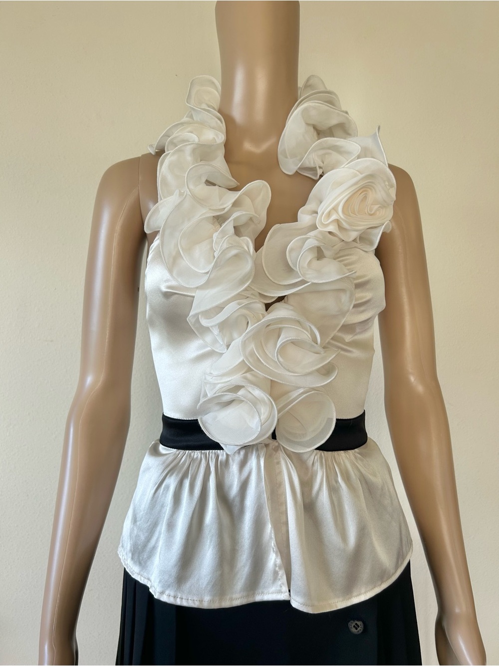 bebe White Satin Ruffle Halter Camisole with Black Waist Band